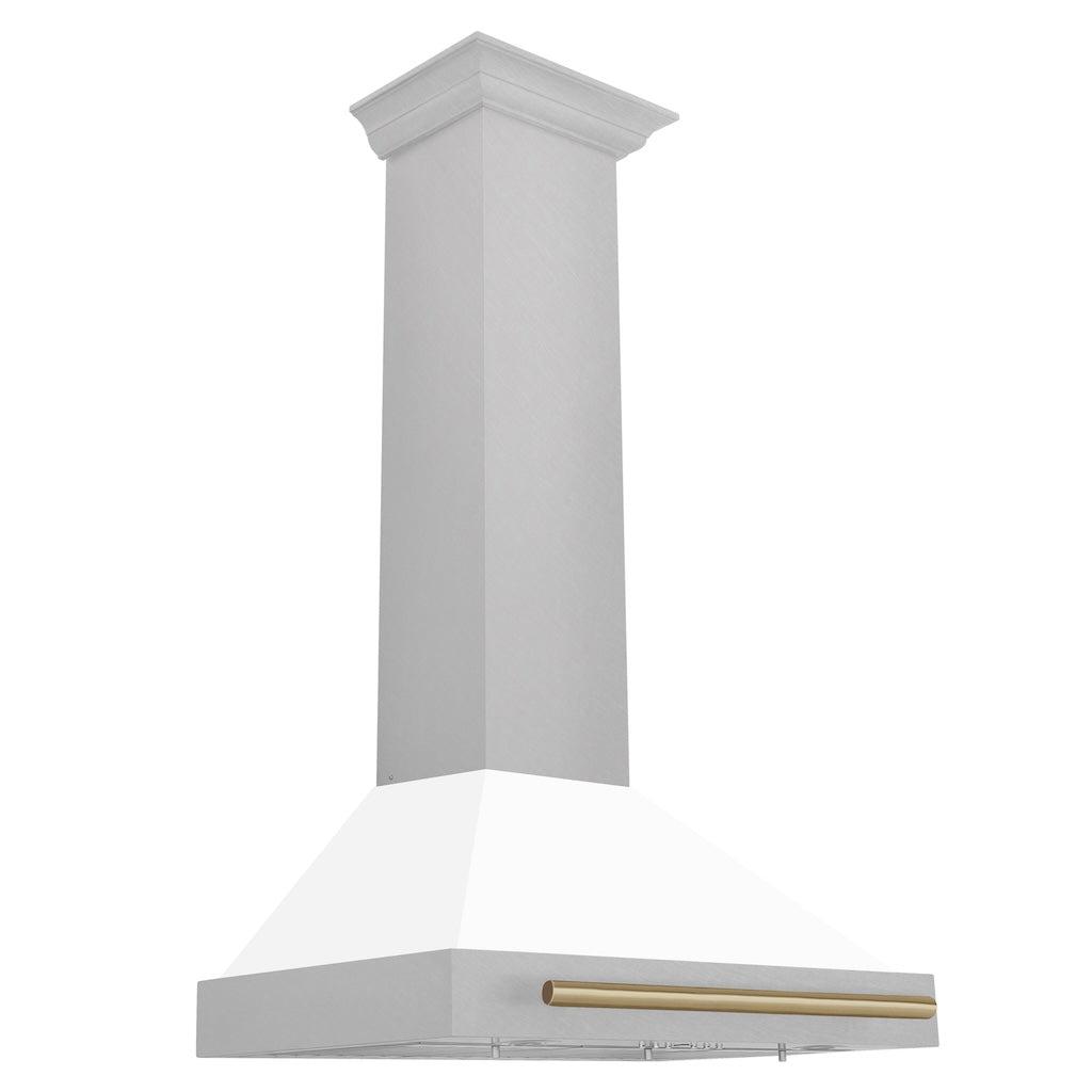 ZLINE Autograph Edition Convertible Fingerprint Resistant DuraSnow® Stainless Steel Range Hood with White Matte Shell and Champagne Bronze Handle (KB4SNZ-WM-CB) 