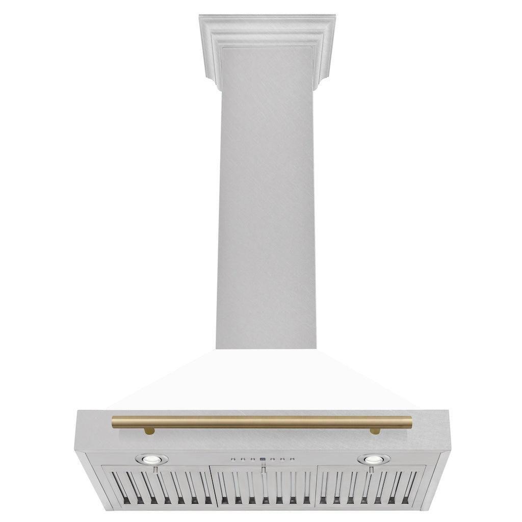 ZLINE Autograph Edition Convertible Fingerprint Resistant DuraSnow® Stainless Steel Range Hood with White Matte Shell and Champagne Bronze Handle (KB4SNZ-WM-CB) front, under.