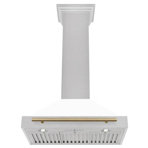 ZLINE Autograph Edition Convertible Fingerprint Resistant DuraSnow® Stainless Steel Range Hood with White Matte Shell and Champagne Bronze Handle (KB4SNZ-WM-CB) front, under.