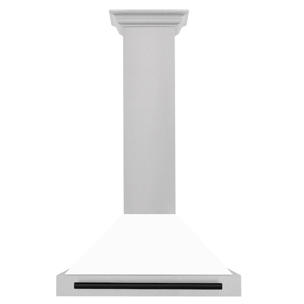 ZLINE Autograph Edition Convertible Fingerprint Resistant DuraSnow® Stainless Steel Range Hood with White Matte Shell and Matte Black Handle (KB4SNZ-WM-MB) Matte Black, front.