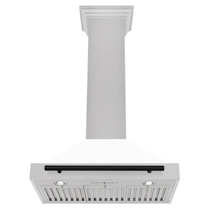 ZLINE Autograph Edition 30 in. Convertible Satin Stainless Steel Wall Mount Range Hood with White Matte Shell and Matte Black Handle (KB4SNZ-WM30-MB) under.