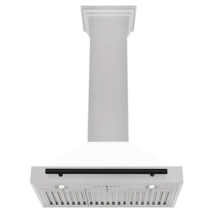 ZLINE Autograph Edition Convertible Fingerprint Resistant DuraSnow® Stainless Steel Range Hood with White Matte Shell and Matte Black Handle (KB4SNZ-WM-MB) front, under.