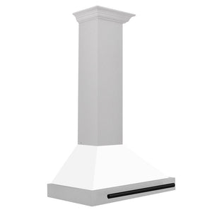 ZLINE Autograph Edition 30 in. Convertible Satin Stainless Steel Wall Mount Range Hood with White Matte Shell and Matte Black Handle (KB4SNZ-WM30-MB) side.