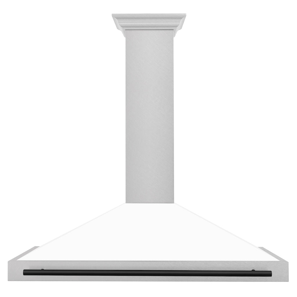 ZLINE Autograph Edition Convertible Fingerprint Resistant DuraSnow® Stainless Steel Range Hood with White Matte Shell and Matte Black Handle (KB4SNZ-WM-MB) Matte Black, front.