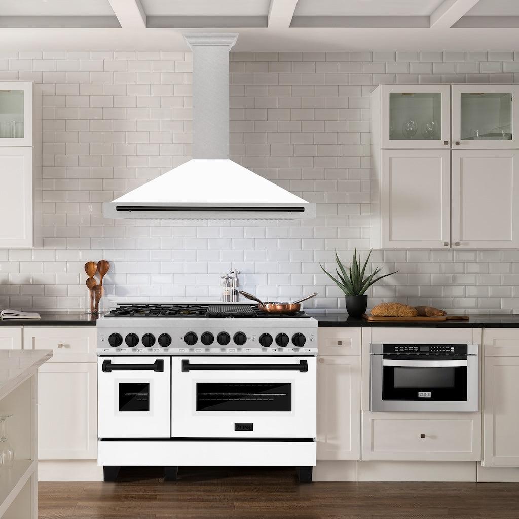 ZLINE Autograph Edition Convertible Fingerprint Resistant DuraSnow® Stainless Steel Range Hood with White Matte Shell and Matte Black Handle (KB4SNZ-WM-MB) in a luxury kitchen with matching range and microwave.