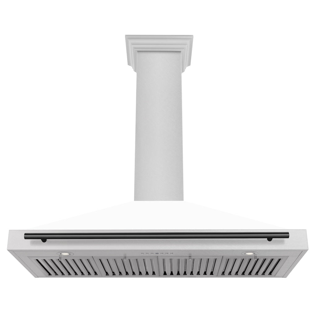 ZLINE Autograph Edition Convertible Fingerprint Resistant DuraSnow® Stainless Steel Range Hood with White Matte Shell and Matte Black Handle (KB4SNZ-WM-MB) front, under.