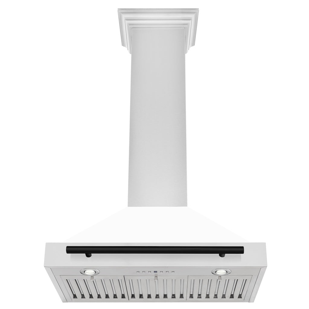 ZLINE Autograph Edition Convertible Stainless Steel Range Hood with White Matte Shell and Matte Black Accents (KB4STZ-WM-MB) front, under.