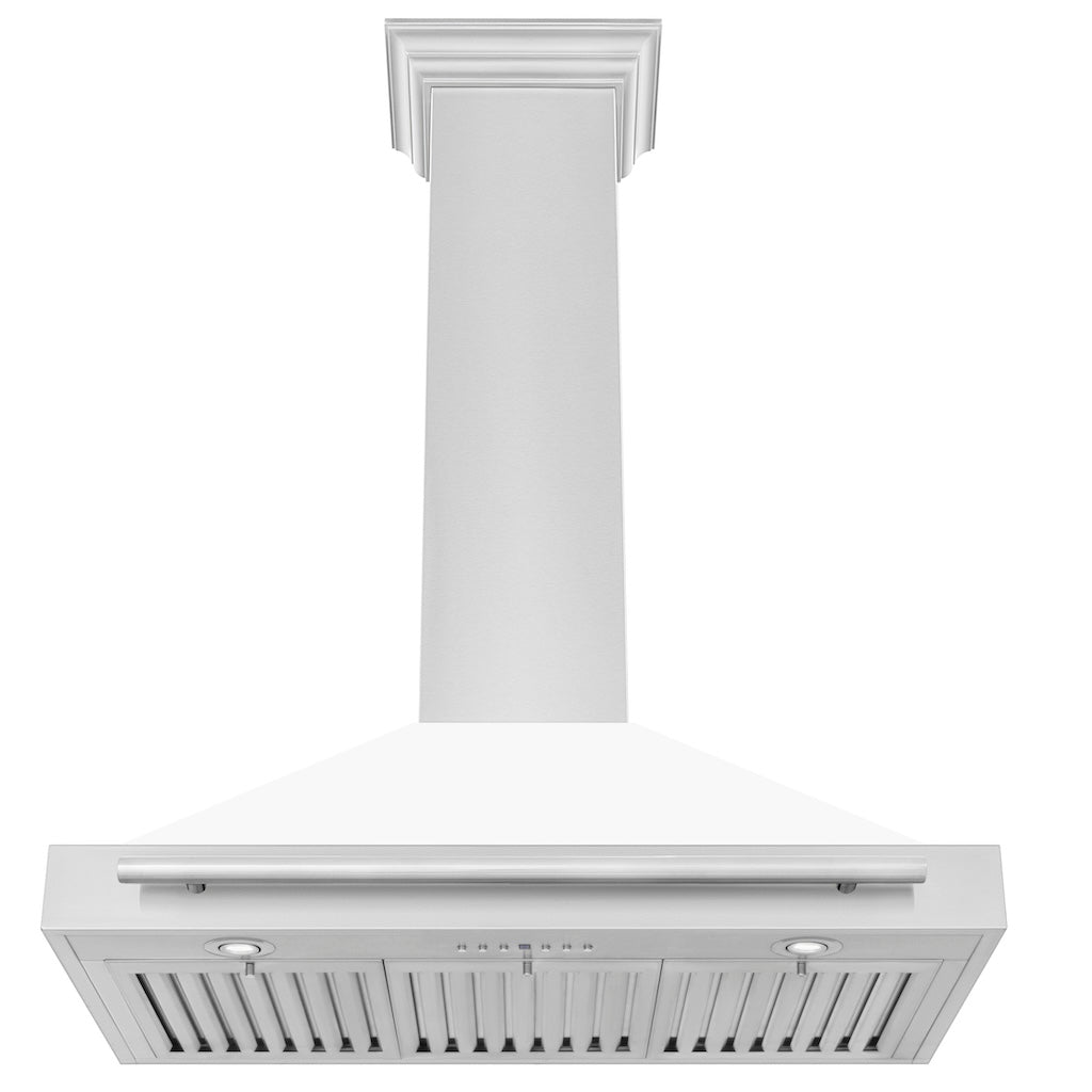 ZLINE Convertible Stainless Steel Range Hood with White Matte Shell and Stainless Steel Handle (KB4STX-WM) front, under.