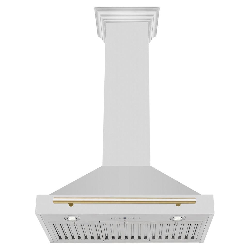 ZLINE Autograph Edition Convertible Stainless Steel Range Hood with Stainless Steel Shell and Polished Gold Accents (KB4STZ-G) front, under.