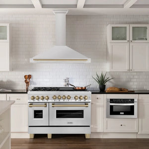 ZLINE Autograph Edition 48 in. Convertible Stainless Steel Range Hood with Stainless Steel Shell and Champagne Bronze Accents (KB4STZ-48-CB) in a luxury kitchen.