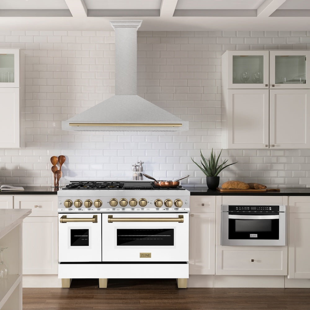 ZLINE Autograph Edition 48 in. Convertible Satin Stainless Steel Wall Mount Range Hood with Champagne Bronze Handle (KB4SNZ-48-CB) in a luxury kitchen.