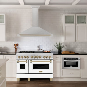 ZLINE Autograph Edition 48 in. Convertible Satin Stainless Steel Wall Mount Range Hood with Champagne Bronze Handle (KB4SNZ-48-CB) in a luxury kitchen.