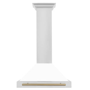 ZLINE Autograph Edition 30 in. Convertible Stainless Steel Range Hood with White Matte Shell and Champagne Bronze Accents (KB4STZ-WM30-CB) front.