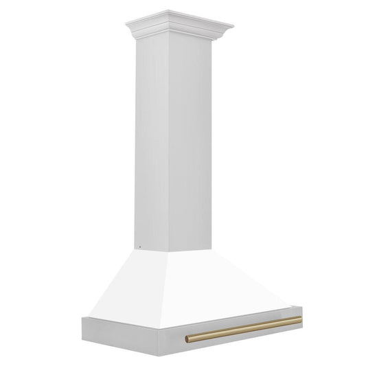 ZLINE Autograph Edition Convertible Stainless Steel Range Hood with White Matte Shell and Champagne Bronze Accents (KB4STZ-WM-CB) Champagne Bronze, side.