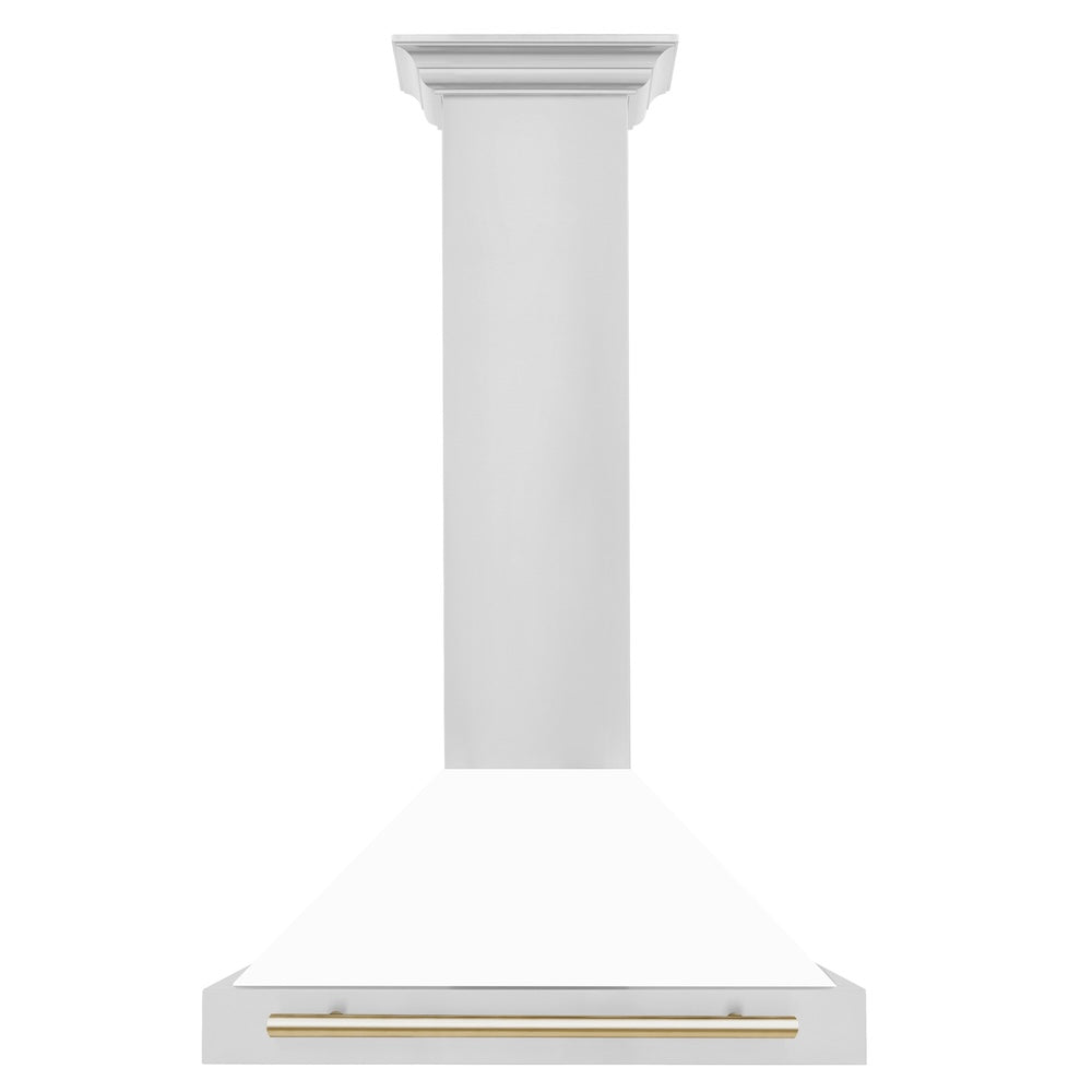 ZLINE Autograph Edition 30 in. Convertible Stainless Steel Range Hood with White Matte Shell and Polished Gold Accents (KB4STZ-WM30-G) front.