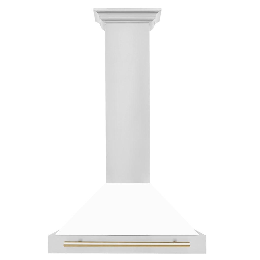 ZLINE Autograph Edition Convertible Stainless Steel Range Hood with White Matte Shell and Polished Gold Accents (KB4STZ-WM-G) Polished Gold, front.