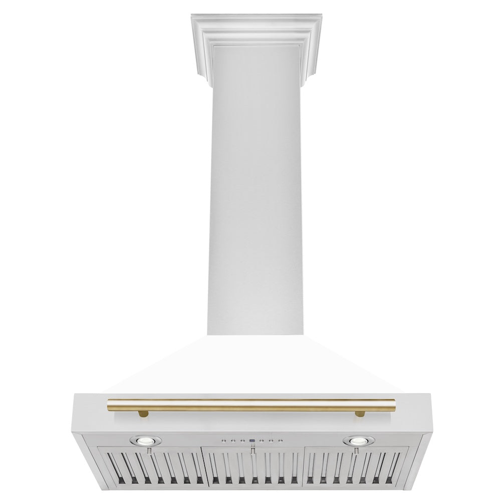 ZLINE Autograph Edition 30 in. Convertible Stainless Steel Range Hood with White Matte Shell and Polished Gold Accents (KB4STZ-WM30-G) under.