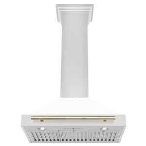 ZLINE Autograph Edition 30 in. Convertible Stainless Steel Range Hood with White Matte Shell and Polished Gold Accents (KB4STZ-WM30-G) under.