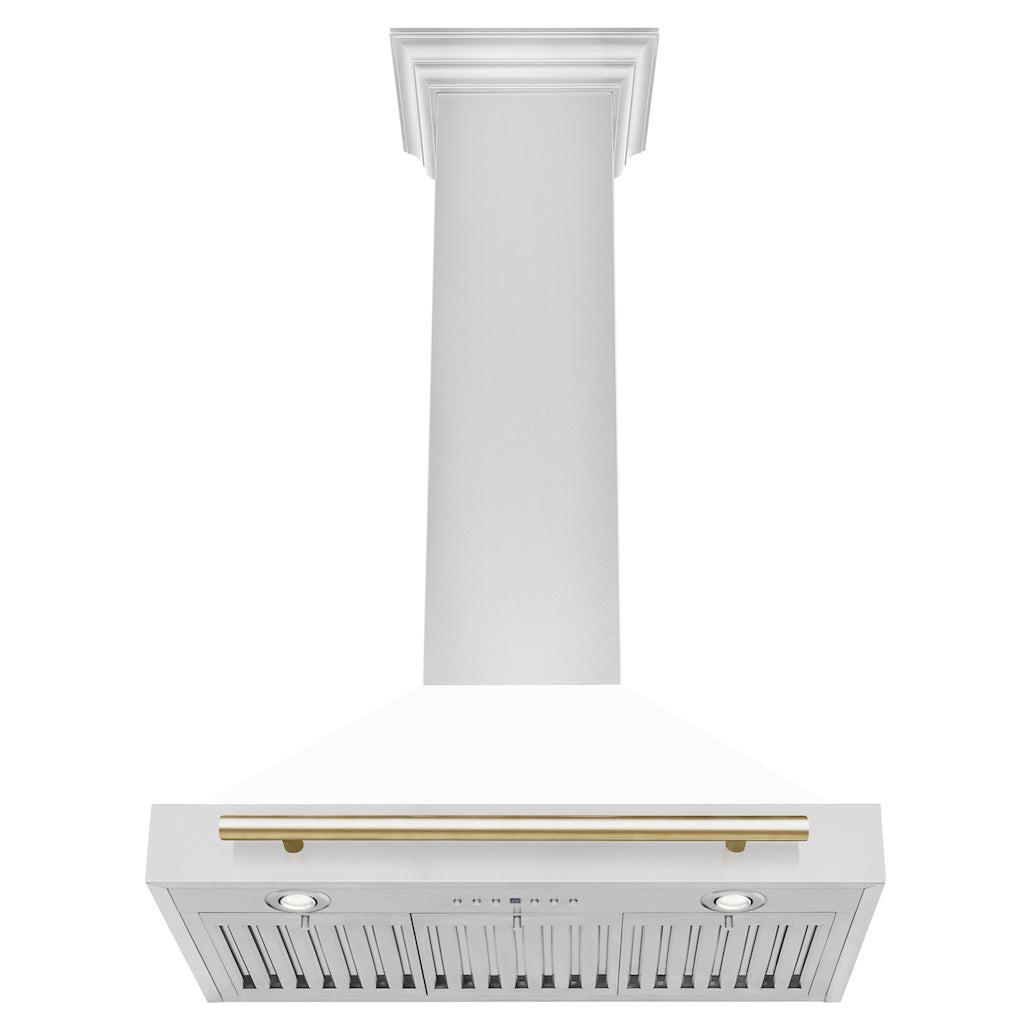 ZLINE Autograph Edition Convertible Stainless Steel Range Hood with White Matte Shell and Polished Gold Accents (KB4STZ-WM-G) front, under.