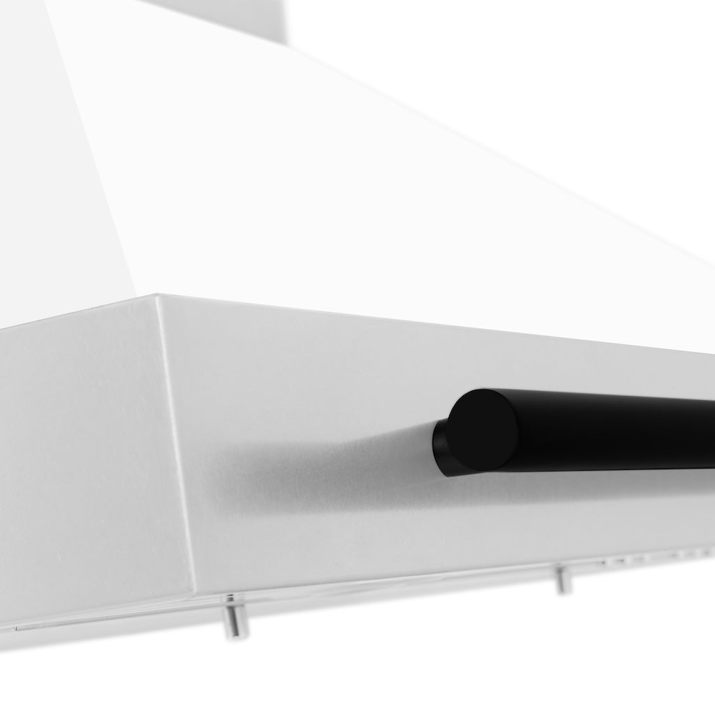 ZLINE Autograph Edition Convertible Stainless Steel Range Hood with White Matte Shell and Matte Black Accents (KB4STZ-WM-MB) handle close-up.