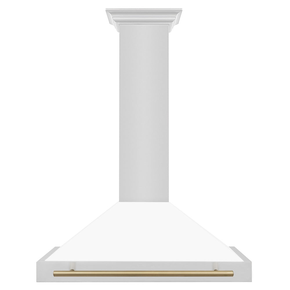 ZLINE Autograph Edition 36 in. Convertible Stainless Steel Range Hood with White Matte Shell and Champagne Bronze Accents (KB4STZ-WM36-CB) front.