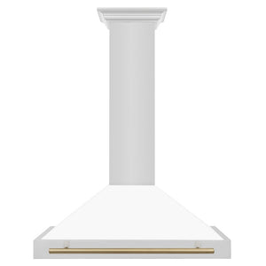 ZLINE Autograph Edition 36 in. Convertible Stainless Steel Range Hood with White Matte Shell and Champagne Bronze Accents (KB4STZ-WM36-CB) front.