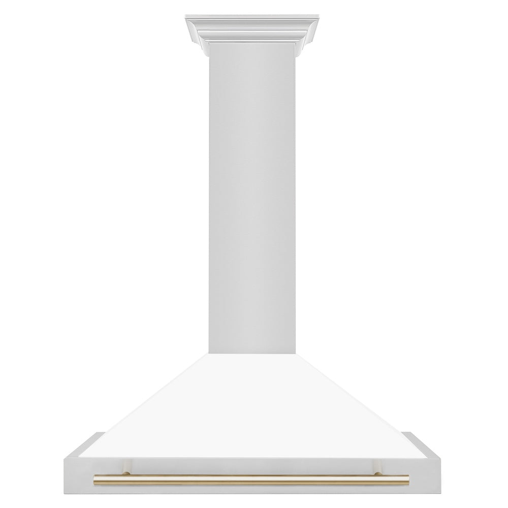 ZLINE Autograph Edition 36 in. Convertible Stainless Steel Range Hood with White Matte Shell and Polished Gold Accents (KB4STZ-WM36-G) front.