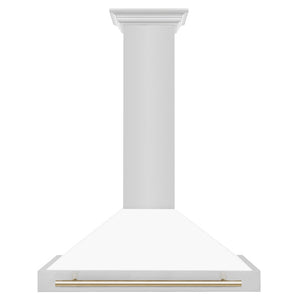 ZLINE Autograph Edition 36 in. Convertible Stainless Steel Range Hood with White Matte Shell and Polished Gold Accents (KB4STZ-WM36-G) front.