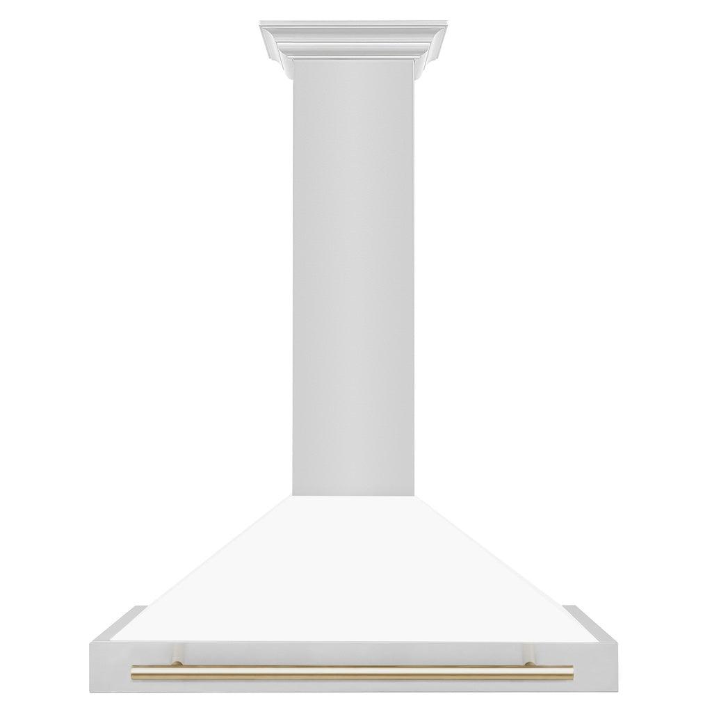 ZLINE Autograph Edition Convertible Stainless Steel Range Hood with White Matte Shell and Polished Gold Accents (KB4STZ-WM-G) Polished Gold, front.