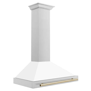 ZLINE Autograph Edition Convertible Stainless Steel Range Hood with White Matte Shell and Polished Gold Accents (KB4STZ-WM-G) Polished Gold, side.