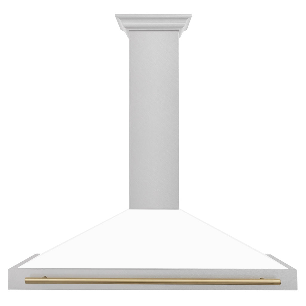 ZLINE Autograph Edition Convertible Fingerprint Resistant DuraSnow® Stainless Steel Range Hood with White Matte Shell and Champagne Bronze Handle (KB4SNZ-WM-CB) Champagne Bronze, front.