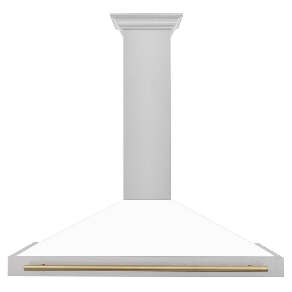 ZLINE Autograph Edition 48 in. Convertible Satin Stainless Steel Wall Mount Range Hood with White Matte Shell and Champagne Bronze Handle (KB4SNZ-WM48-CB) front.