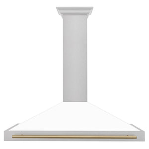 ZLINE Autograph Edition 48 in. Convertible Satin Stainless Steel Wall Mount Range Hood with White Matte Shell and Champagne Bronze Handle (KB4SNZ-WM48-CB) front.