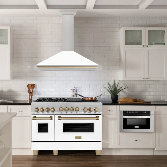 ZLINE Autograph Edition 48 in. Convertible Satin Stainless Steel Wall Mount Range Hood with White Matte Shell and Champagne Bronze Handle (KB4SNZ-WM48-CB) in a luxury kitchen.