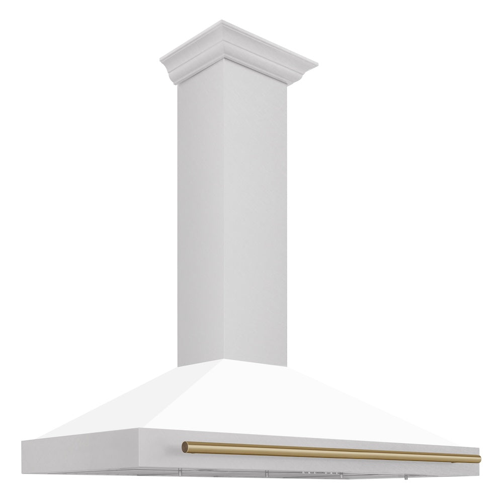 ZLINE Autograph Edition 48 in. Convertible Satin Stainless Steel Wall Mount Range Hood with White Matte Shell and Champagne Bronze Handle (KB4SNZ-WM48-CB)