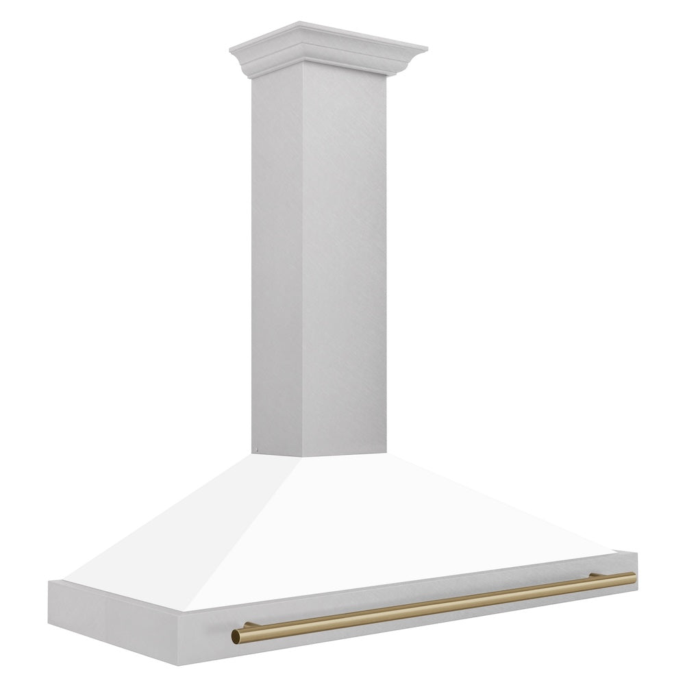 ZLINE Autograph Edition 48 in. Convertible Satin Stainless Steel Wall Mount Range Hood with White Matte Shell and Champagne Bronze Handle (KB4SNZ-WM48-CB) side.