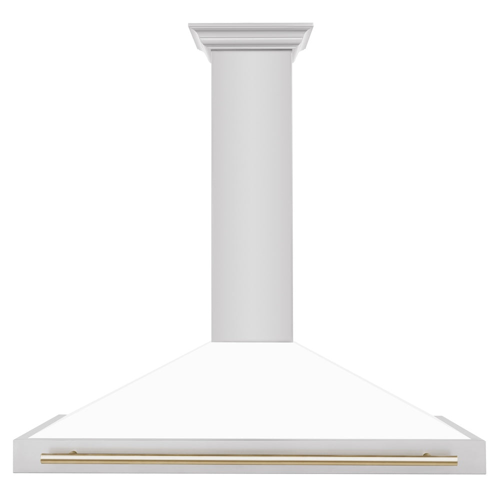 ZLINE Autograph Edition 48 in. Convertible Stainless Steel Range Hood with White Matte Shell and Polished Gold Accents (KB4STZ-WM48-G) front.