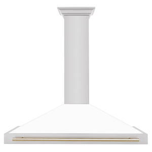 ZLINE Autograph Edition 48 in. Convertible Stainless Steel Range Hood with White Matte Shell and Polished Gold Accents (KB4STZ-WM48-G) front.