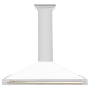 ZLINE Autograph Edition Convertible Stainless Steel Range Hood with White Matte Shell and Polished Gold Accents (KB4STZ-WM-G) Polished Gold, front.