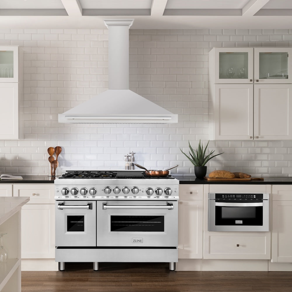 ZLINE 48 in. Convertible Stainless Steel Range Hood with Stainless Steel Handle (KB4STX-48) in a luxury kitchen.