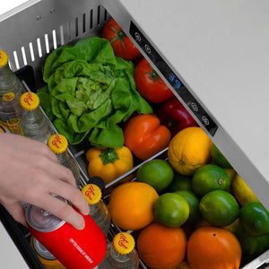 ZLINE 24 in. Touchstone 168 Can Outdoor-Rated Dual Refrigerator Drawer with Hand Hammered Copper Doors (RDSO-HH-24)  open showing fresh produce and drinks inside
