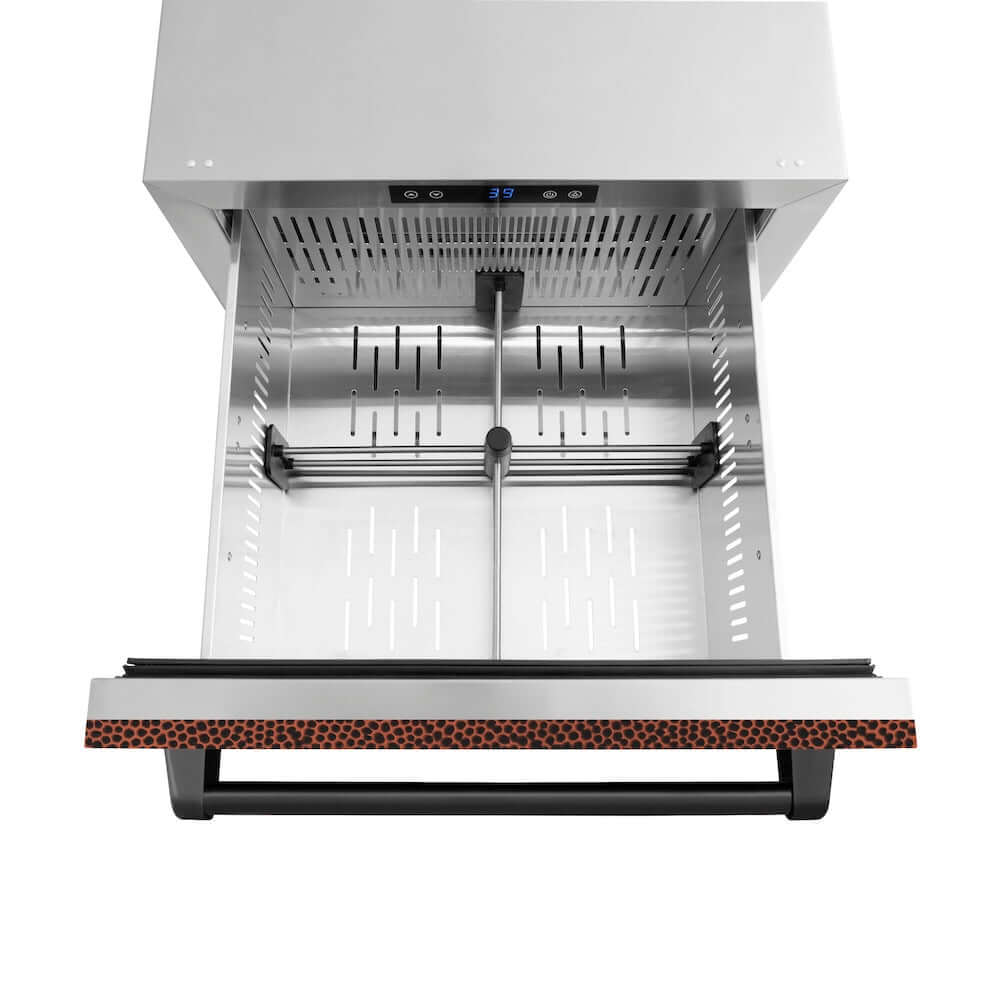 ZLINE 24 in. Touchstone 168 Can Outdoor-Rated Dual Refrigerator Drawer with Hand Hammered Copper Doors (RDSO-HH-24) open from above, with divider.