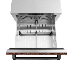 ZLINE 24 in. Touchstone 168 Can Outdoor-Rated Dual Refrigerator Drawer with Hand Hammered Copper Doors (RDSO-HH-24) open from above, with divider.