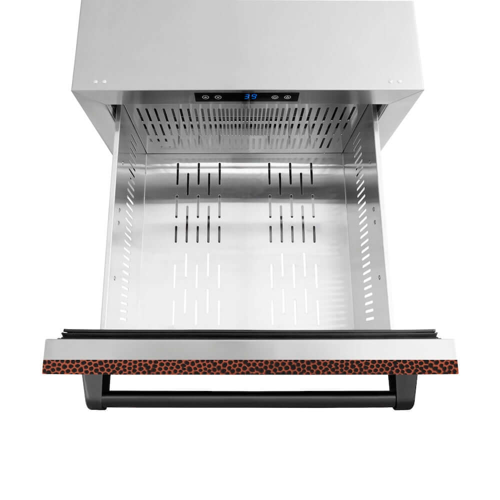 ZLINE 24 in. Touchstone 168 Can Outdoor-Rated Dual Refrigerator Drawer with Hand Hammered Copper Doors (RDSO-HH-24) open from above, without divider.