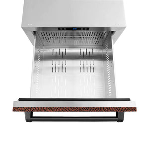 ZLINE 24 in. Touchstone 168 Can Outdoor-Rated Dual Refrigerator Drawer with Hand Hammered Copper Doors (RDSO-HH-24) open from above, without divider.