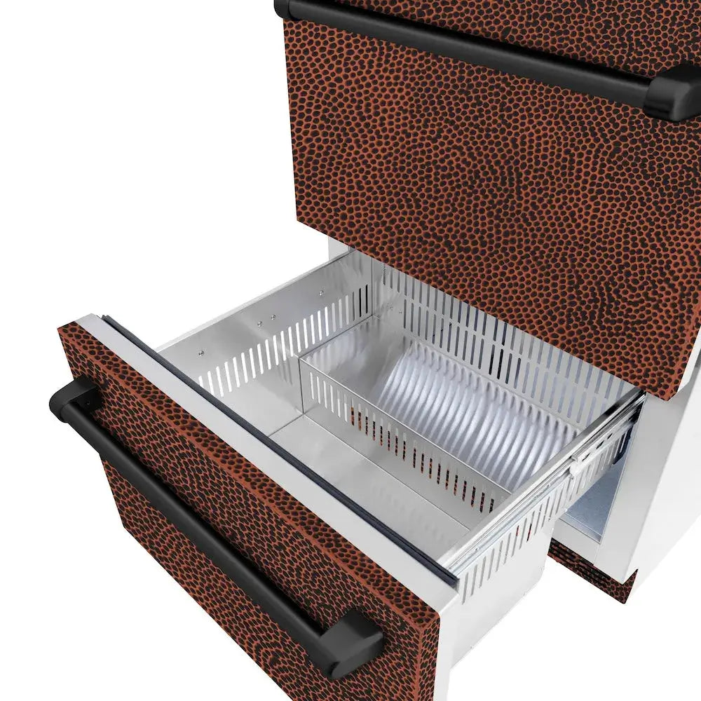 ZLINE 24 in. Touchstone 168 Can Outdoor-Rated Dual Refrigerator Drawer with Hand Hammered Copper Doors (RDSO-HH-24) bottom drawer open.