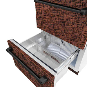 ZLINE 24 in. Touchstone 168 Can Outdoor-Rated Dual Refrigerator Drawer with Hand Hammered Copper Doors (RDSO-HH-24) bottom drawer open.