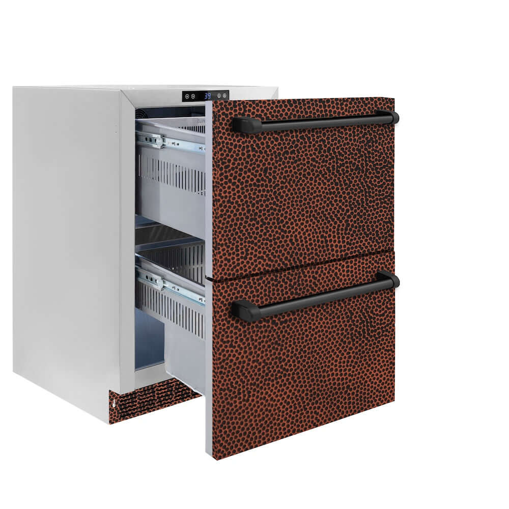 ZLINE 24 in. Touchstone 168 Can Outdoor-Rated Dual Refrigerator Drawer with Hand Hammered Copper Doors (RDSO-HH-24) side, open.