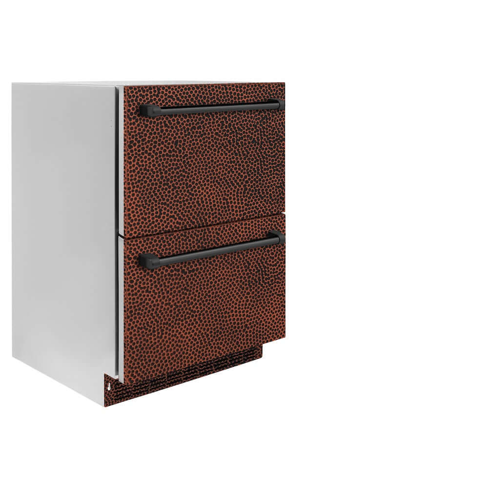 ZLINE 24 in. Touchstone 168 Can Outdoor-Rated Dual Refrigerator Drawer with Hand Hammered Copper Doors (RDSO-HH-24) side, closed.