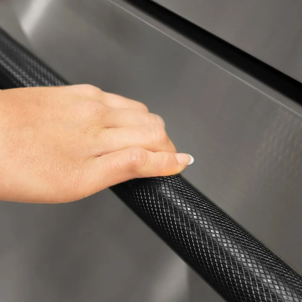 ZLINE Touchstone Refrigerator Drawer Helix Handles (Set of 2) in Black Stainless Steel (RDHOZ-24-K-BS) on appliance showing diamond knurled details.